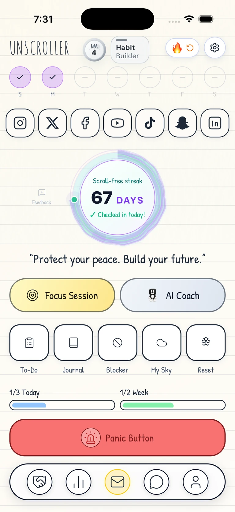 Unscroller progress home screen showing a streak, focus session, AI Coach, planner, habits, blocker, and reset tools
