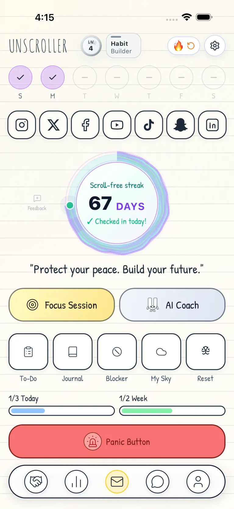 Unscroller progress home screen showing a streak, focus session, AI Coach, planner, habits, blocker, and reset tools